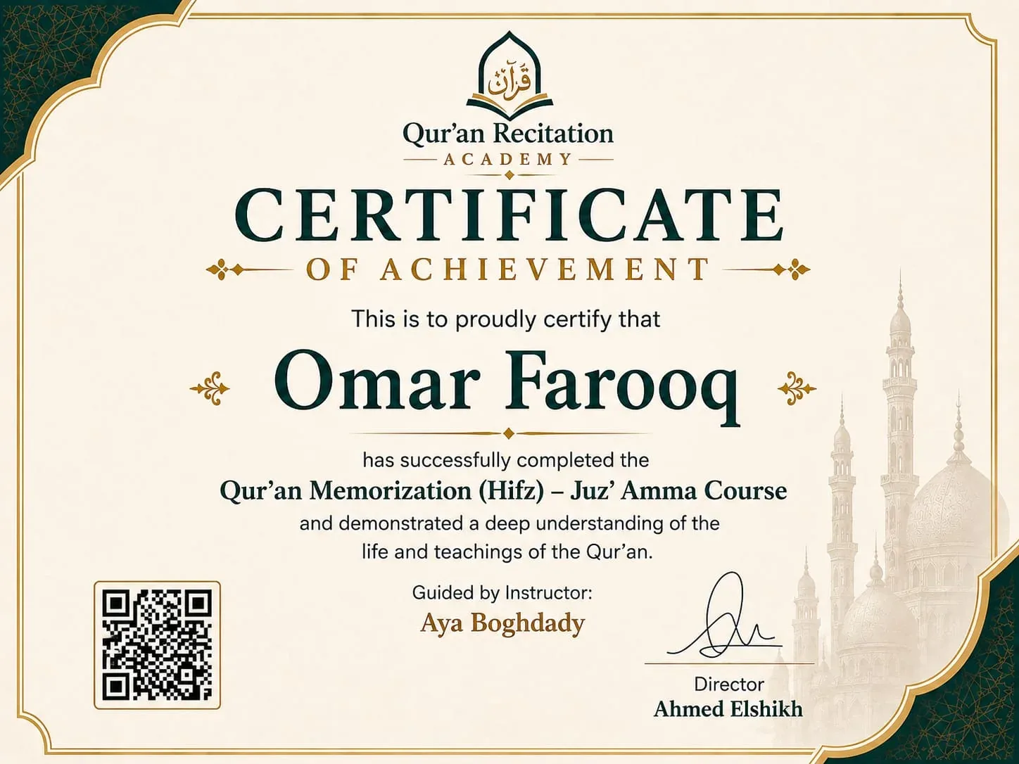 Certificate for Qur'an Memorization