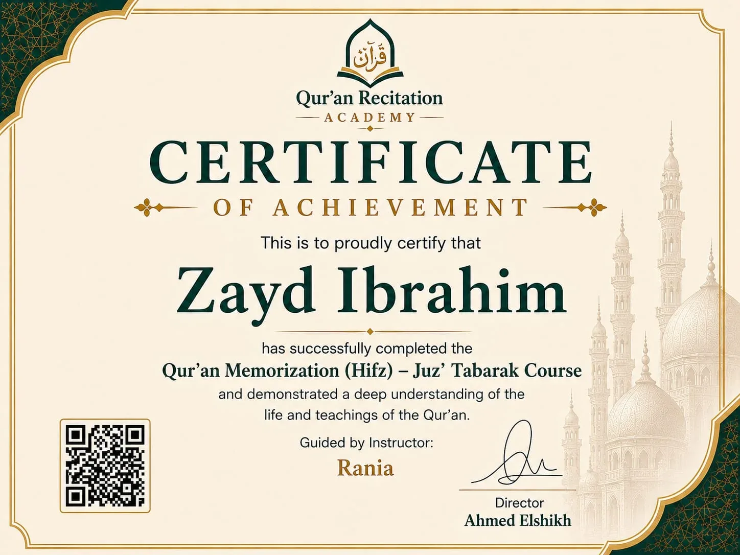 Certificate for Qur'an Memorization