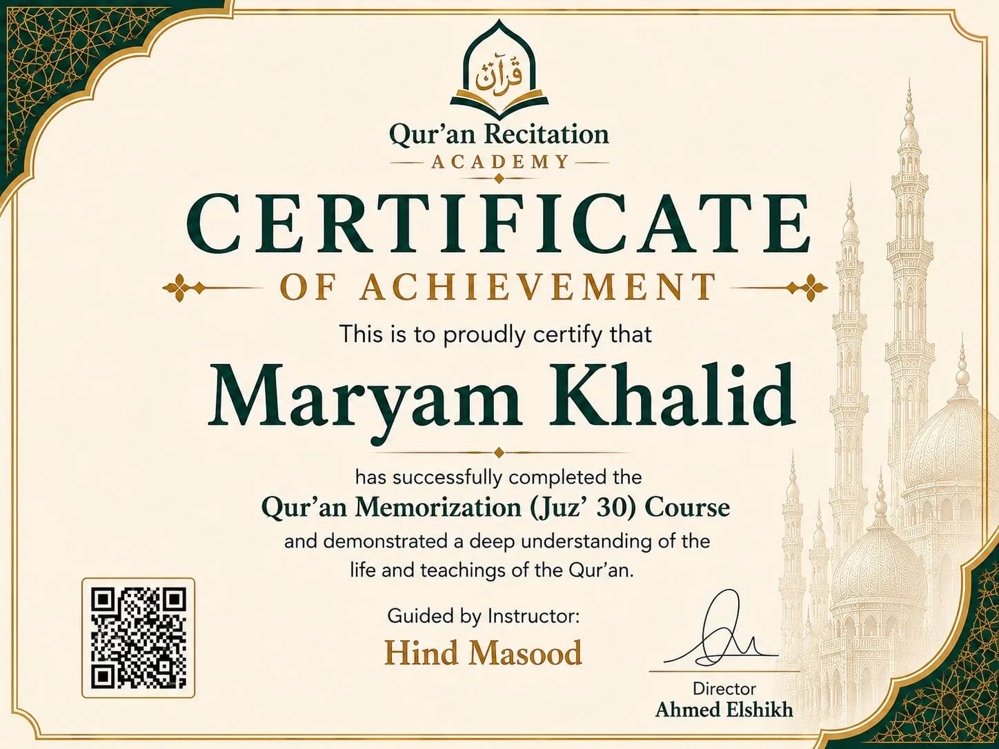 Certificate for Qur'an Memorization